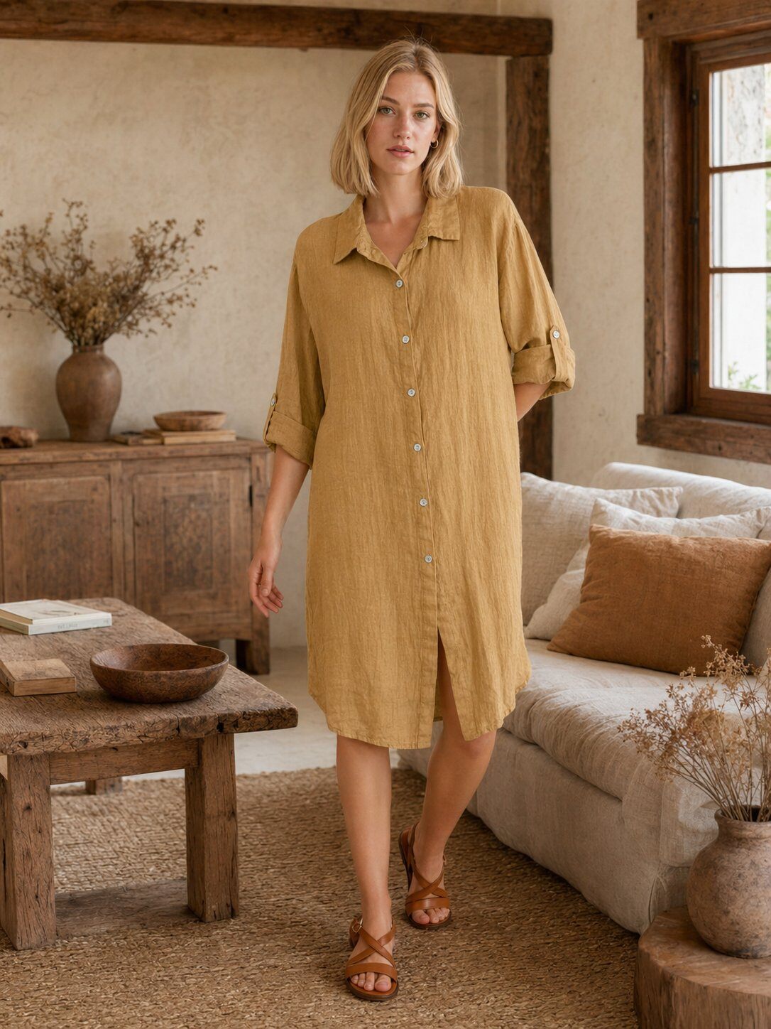 Mayorista For Her Paris Grande Taille - Vestido camisero 100% lino con mangas tres cuartos, elegancia natural