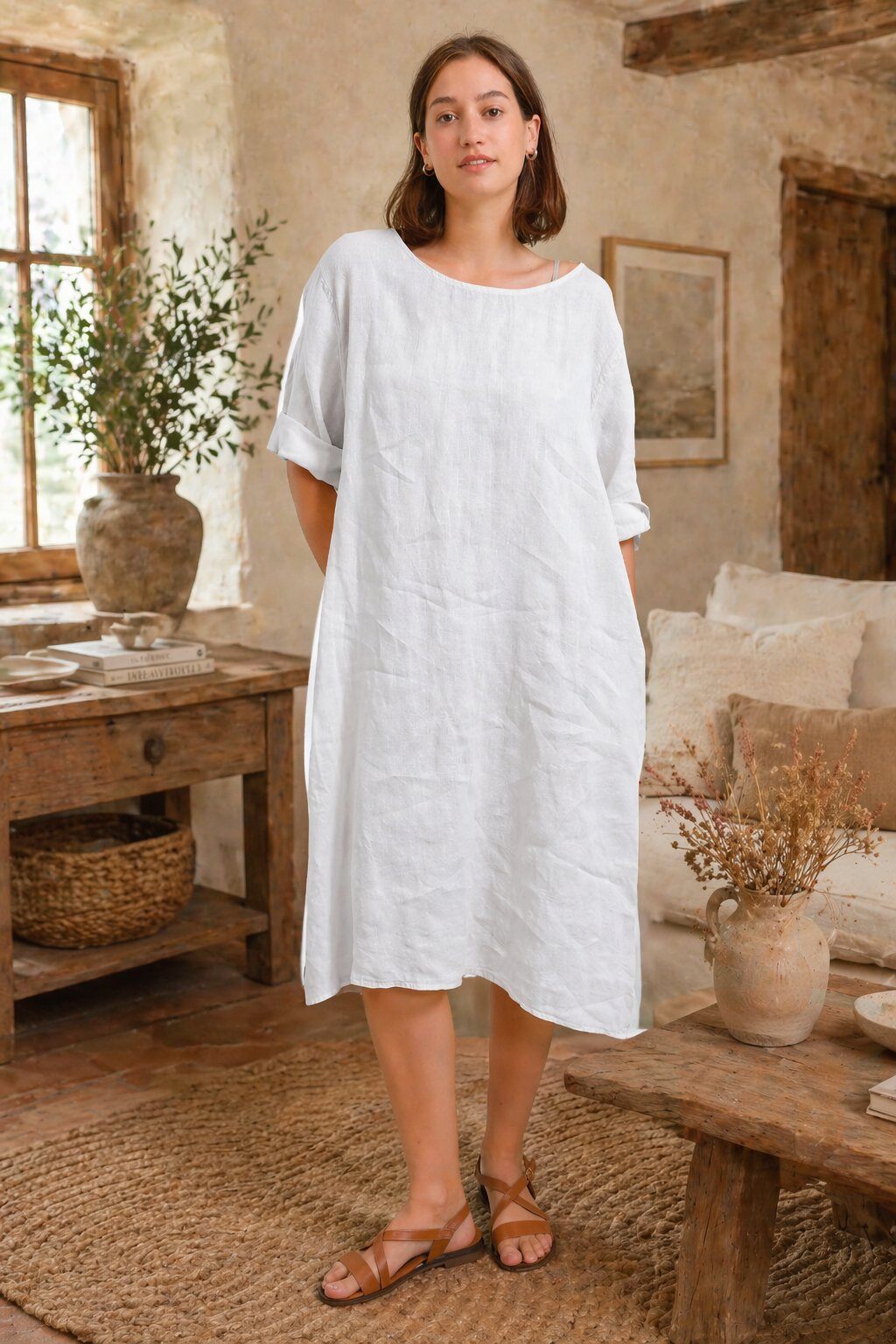 Wholesaler For Her Paris Grande Taille - Minimalist 100% linen dress with round neck and 3/4 sleeves, natural elegance