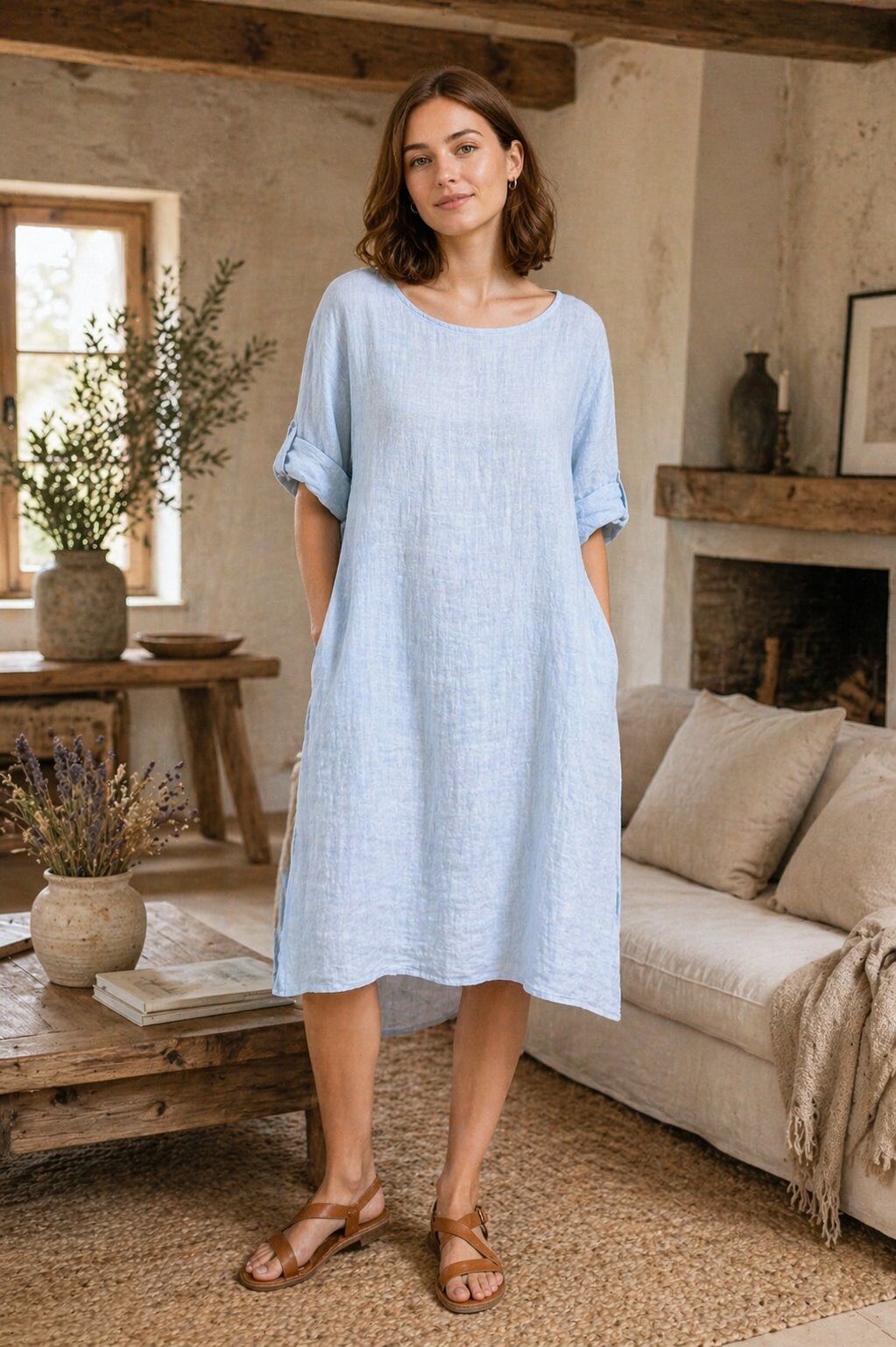 Mayorista For Her Paris Grande Taille - Vestido minimalista 100% lino con cuello redondo y mangas 3/4, elegancia natural