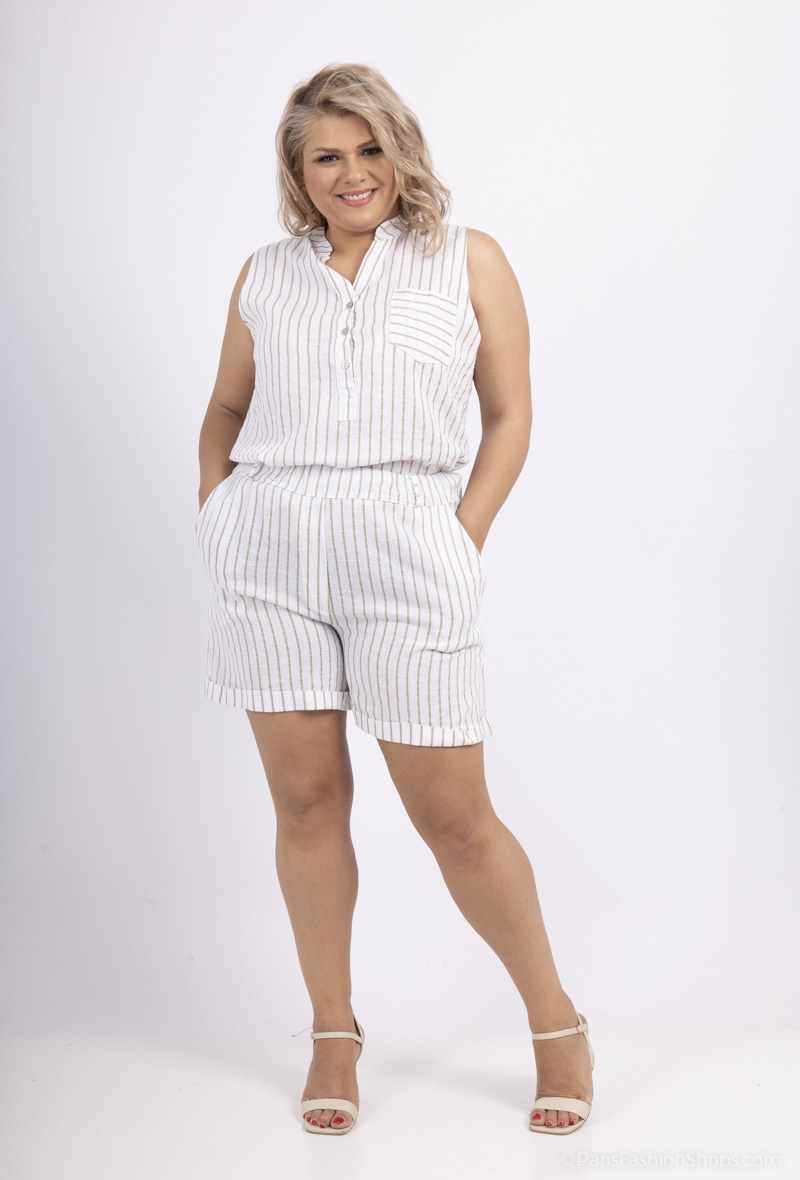 Grossista For Her Paris Grande Taille - pantaloni corti a righe in lino tencel e cotone