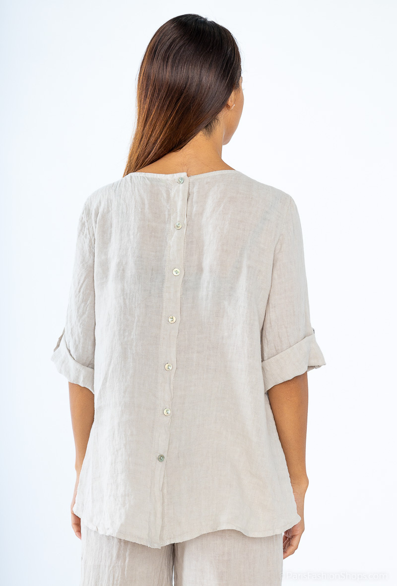 Mayorista For Her Paris Grande Taille - Top oversize liso de 100% lino, manga 3/4, cuello redondo