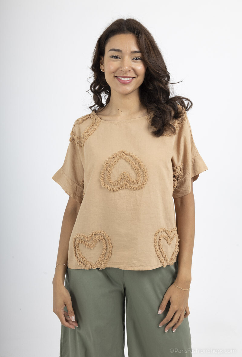 Mayorista For Her Paris Grande Taille - Top liso 100% algodón con corazones, cuello redondo, manga corta