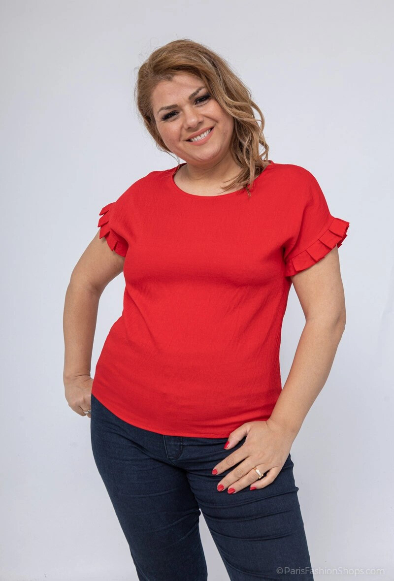 Mayorista For Her Paris Grande Taille - Top liso, cuello redondo, manga corta, pliegues en los bordes de las mangas