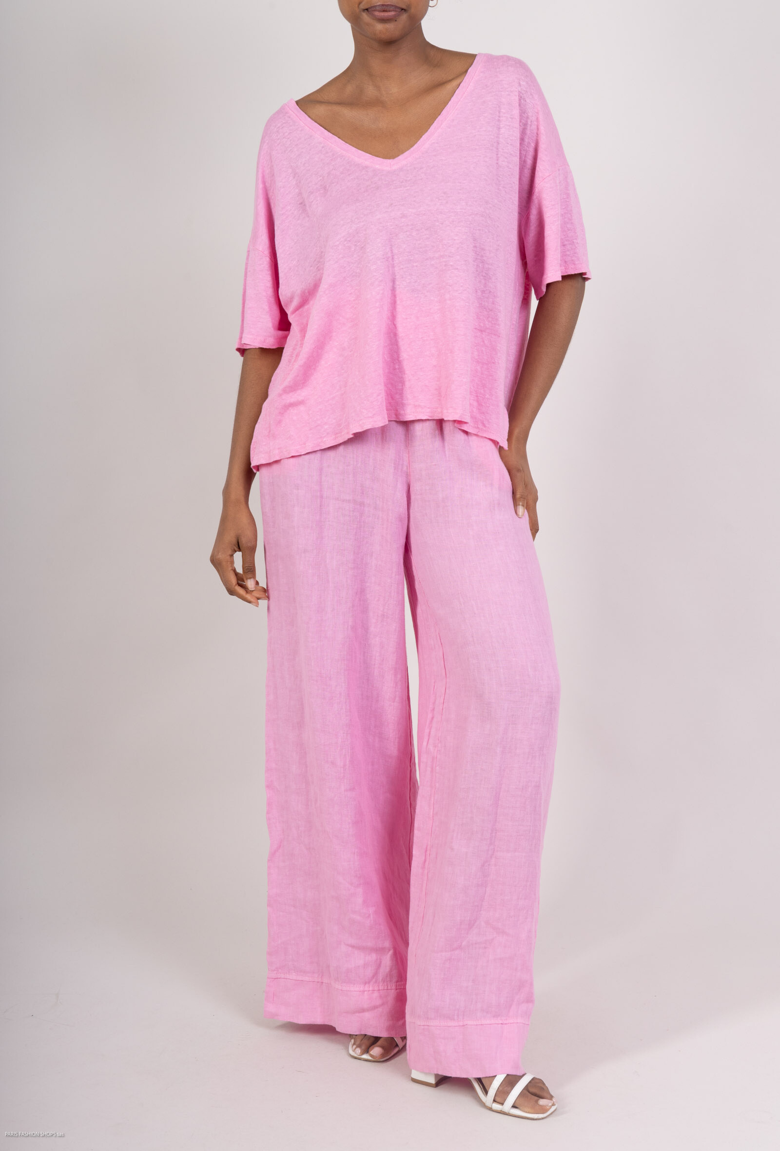 Grossiste For Her Paris Grande Taille - Top uni oversize col V 100% lin manches courtes