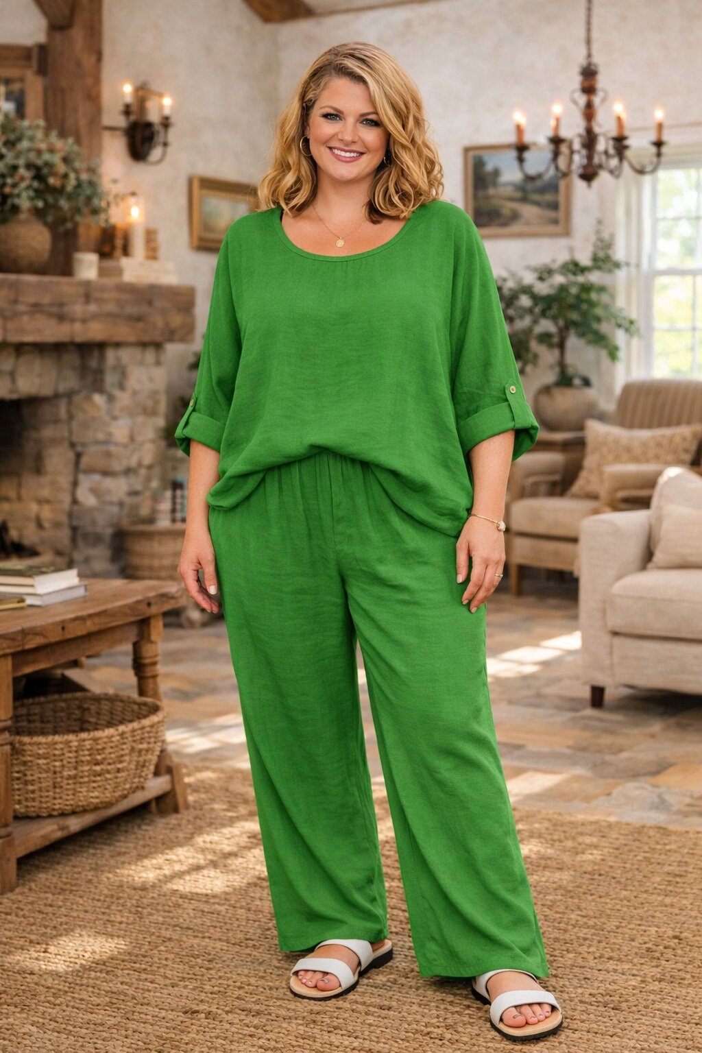 Wholesaler For Her Paris Grande Taille - Women's oversized top 100% linen, solid color, with a flowing fit and round neckline, 3/4 sleeves