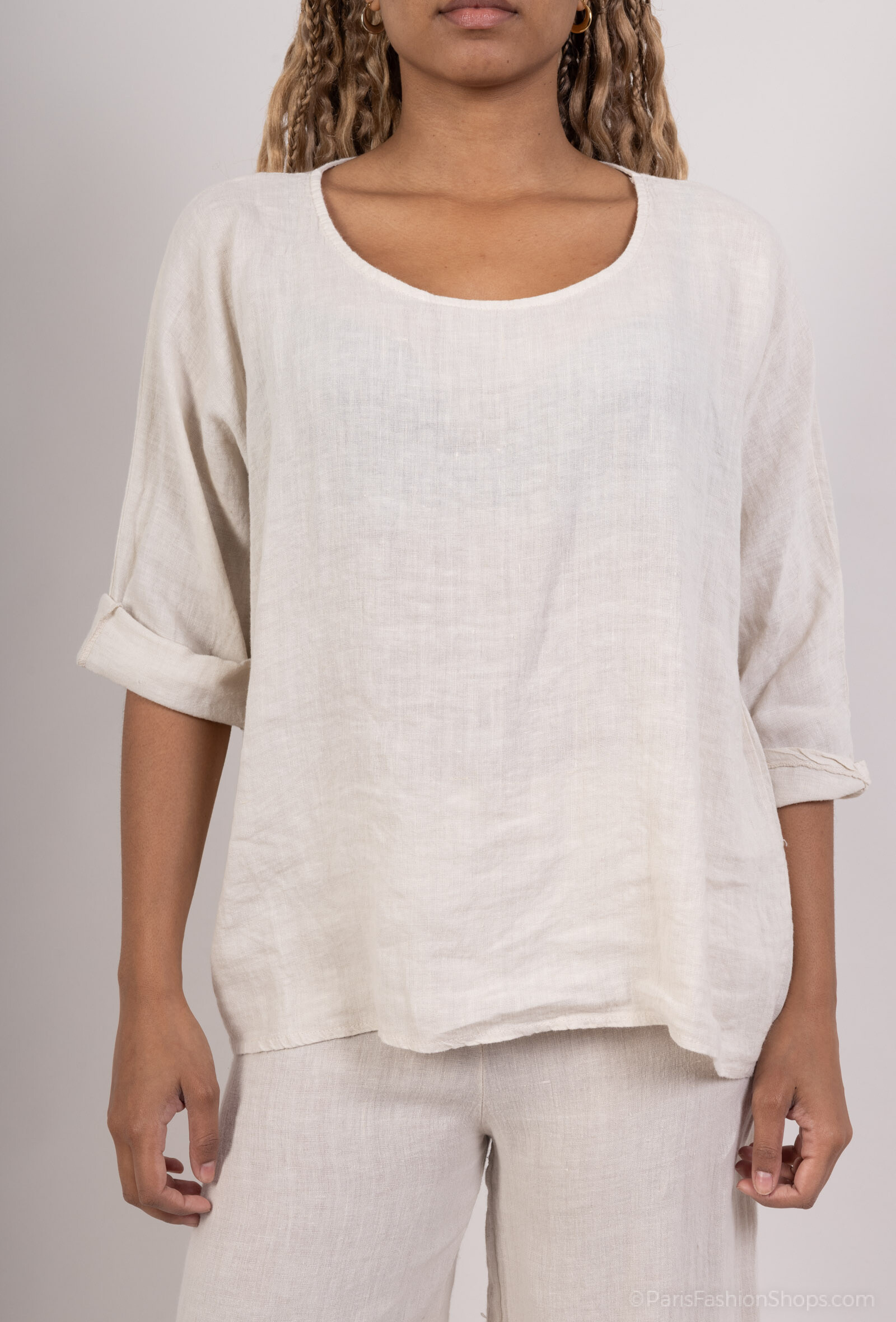 Grossiste For Her Paris Grande Taille - Top oversize femme 100 % lin uni coupe fluide et col rond manches 3/4