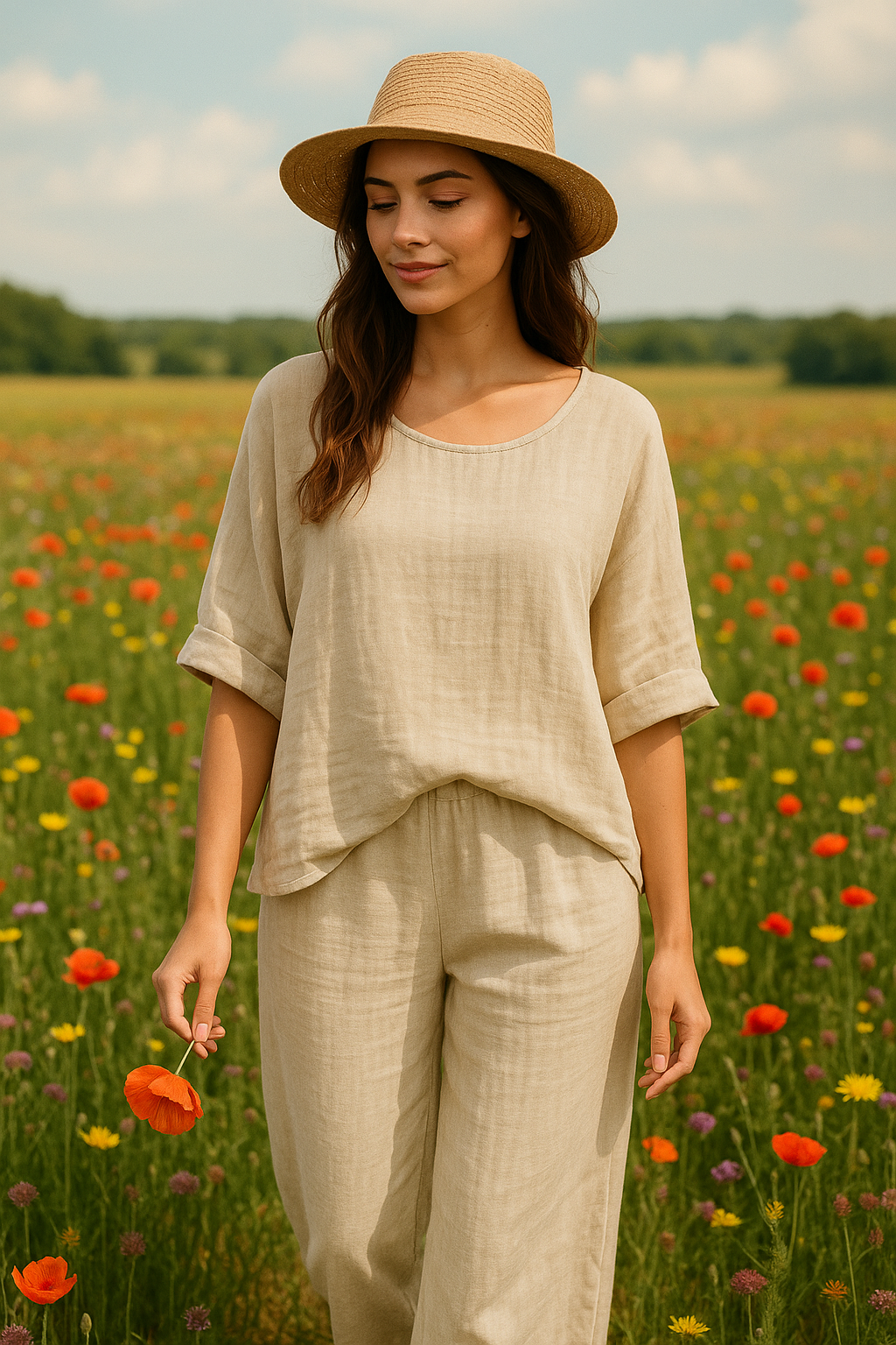 Grossiste For Her Paris Grande Taille - Top oversize femme 100 % lin uni coupe fluide et col rond manches 3/4
