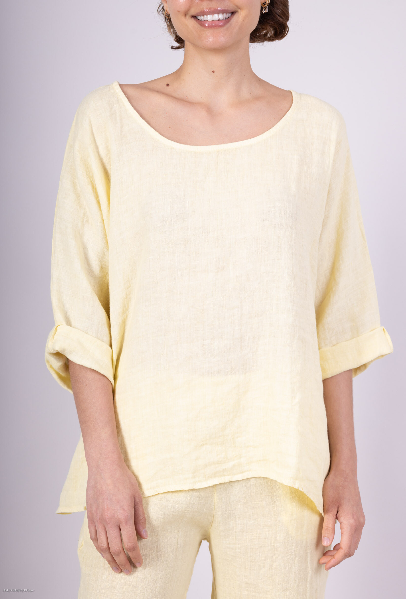 Wholesaler For Her Paris Grande Taille - Top Oversize 100% Lin Lin Round Collar Sleeve 3/4