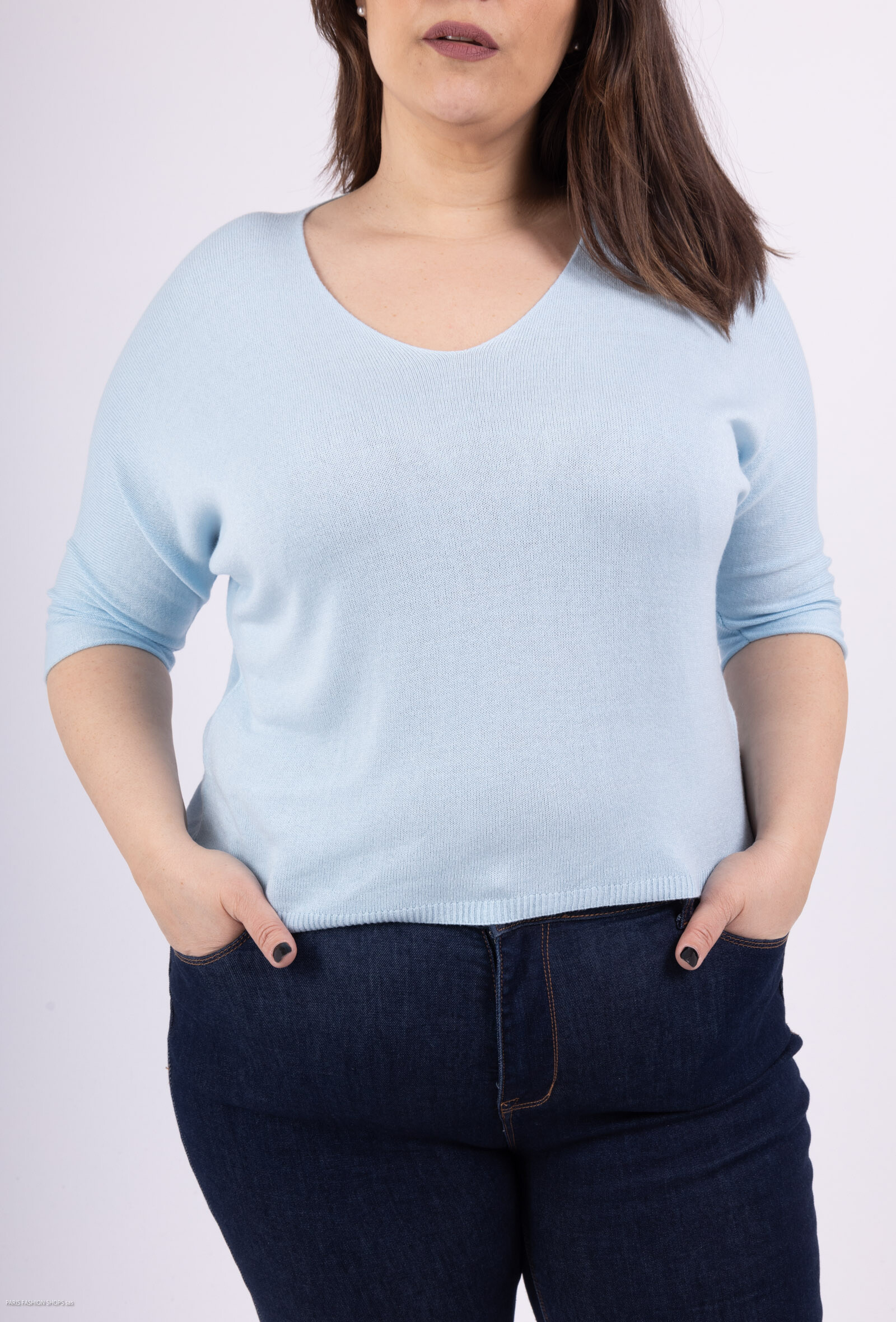 Wholesaler For Her Paris Grande Taille - Top in plain knit, V -neck, short sleeves