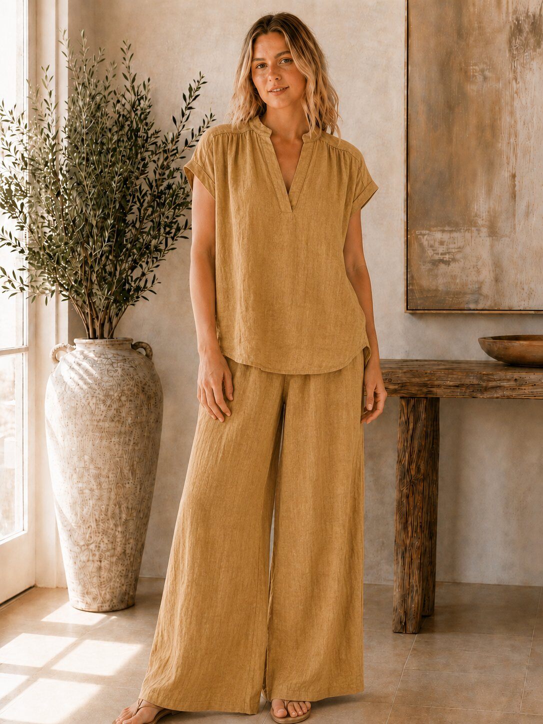 Wholesaler For Her Paris Grande Taille - Oversized V-neck top 100% linen with non-drooping sleeves ending in a cuff Natural elegance