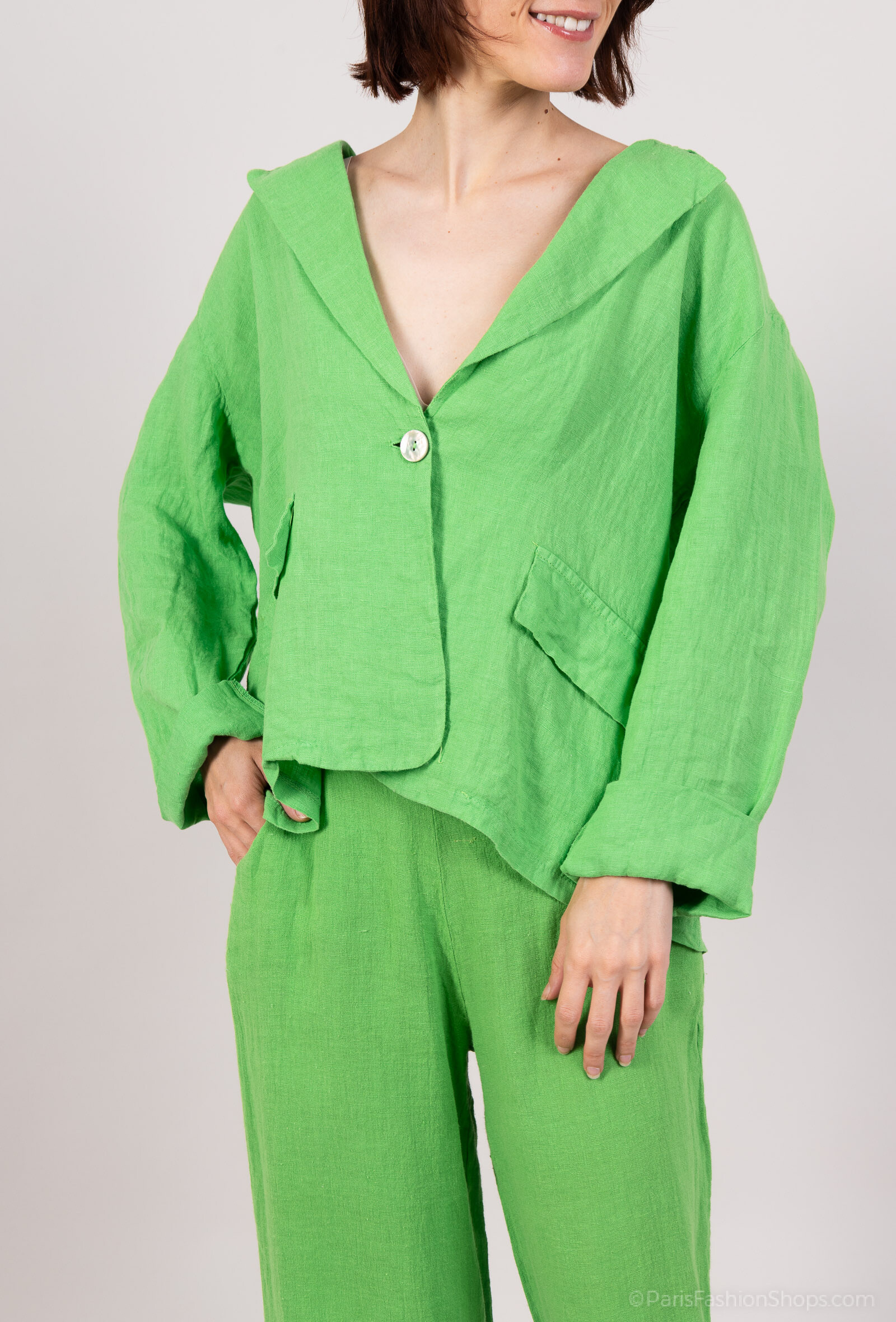 Mayorista For Her Paris Grande Taille - Chaqueta de mujer en lino 100 % mangas largas bolsillos falsos