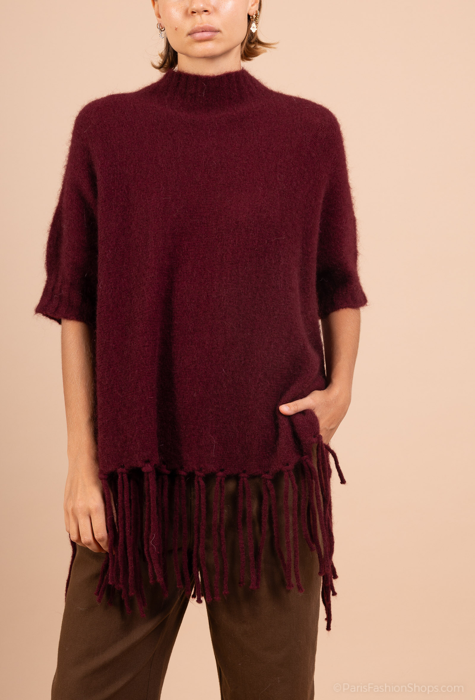 Wholesaler For Her Paris - Seamless poncho sweater with artisanal fringes in kid mohair and merino wool, an exceptional piece