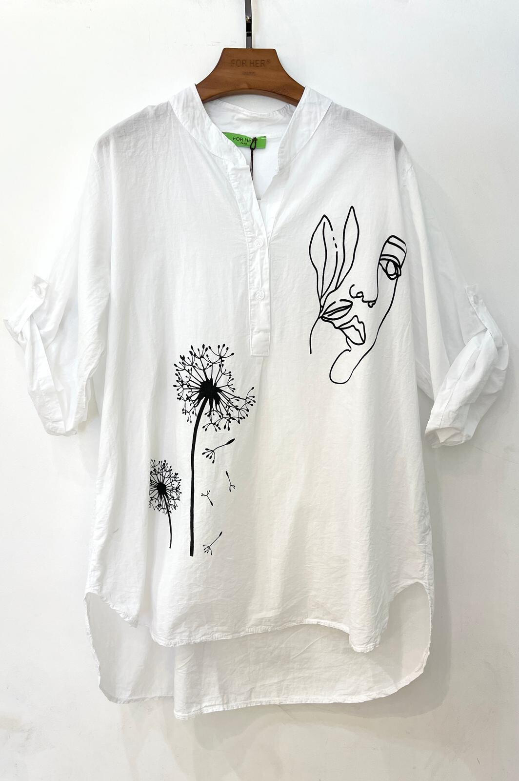 Wholesaler For Her Paris - Plain top shirt 100% cotton with printing dandelion sleeves 3/4