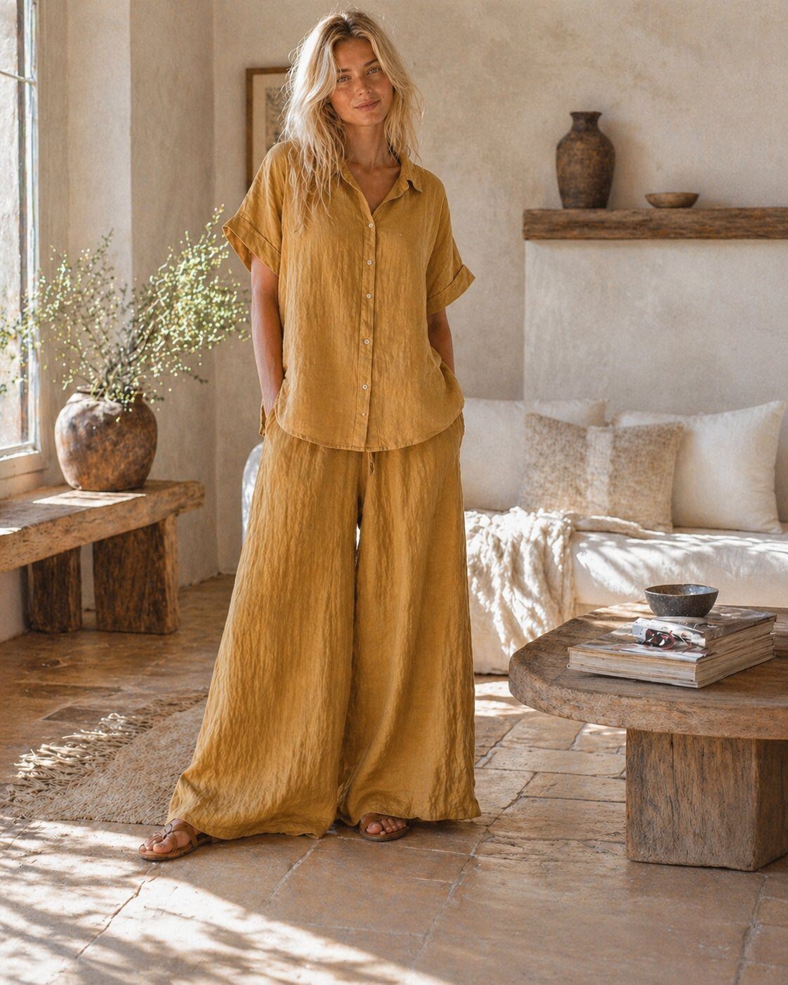 Wholesaler For Her Paris - 100% linen shirt with wide short sleeves, natural understated elegance