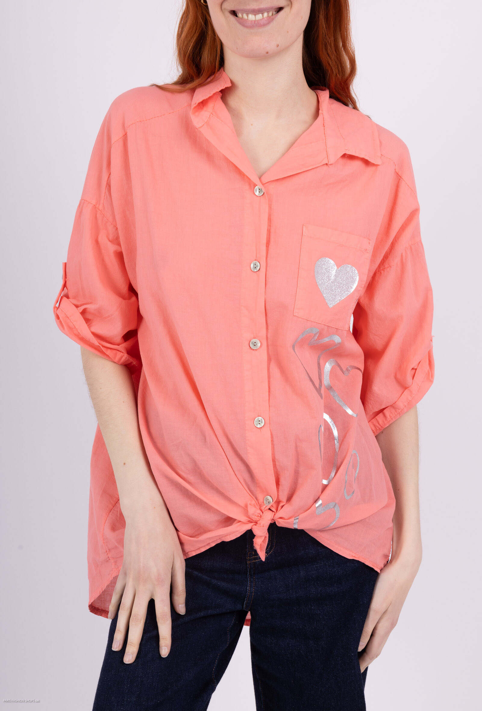 Wholesaler For Her Paris - Plain shirt or vest in 100% cotton with silver hearts 3/4 sleeves