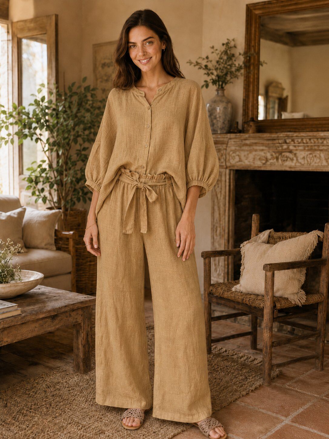 Wholesaler For Her Paris - Solid 100% cotton shirt with three-quarter sleeves Natural elegance