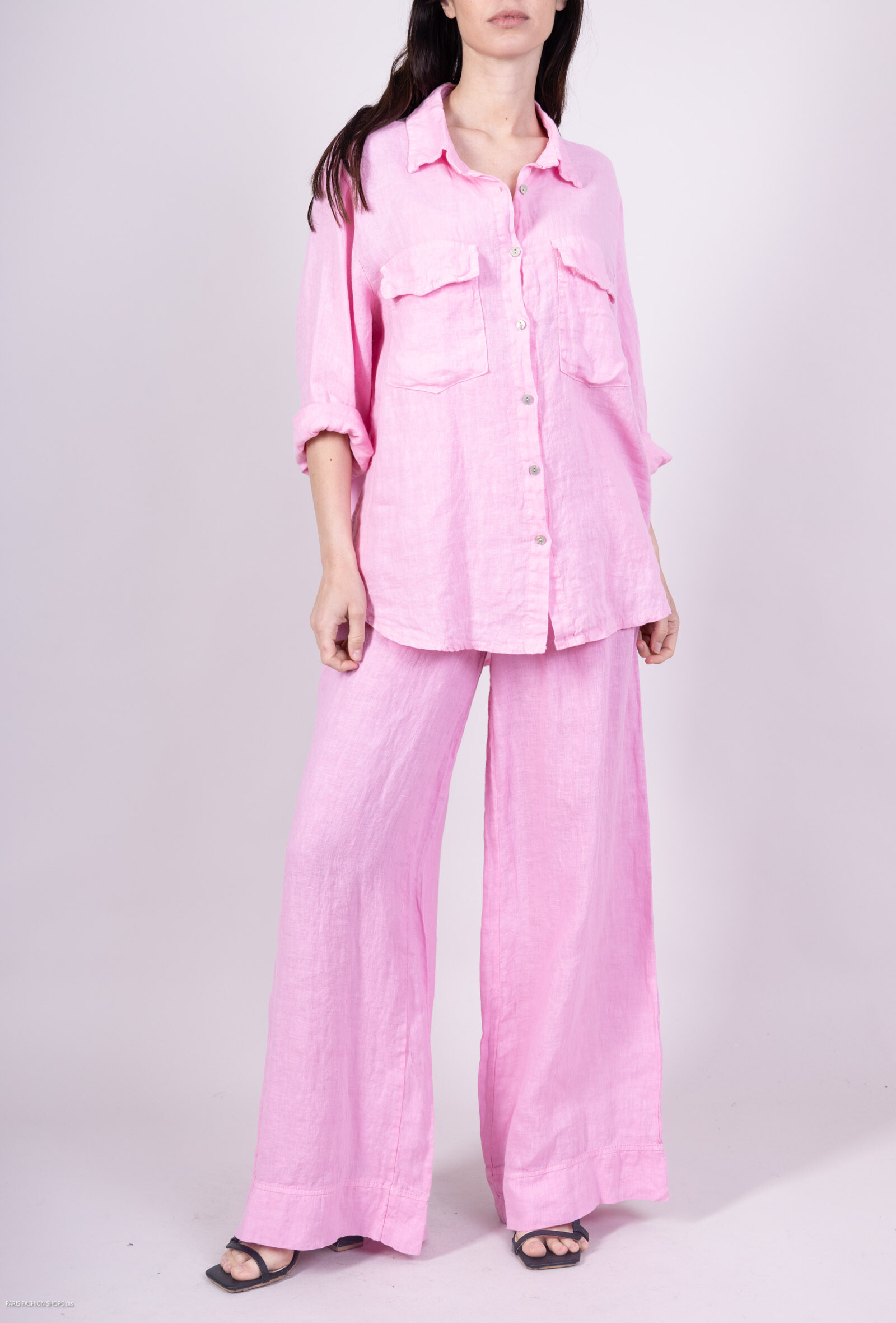 Wholesaler For Her Paris - Plain shirt 100% linen long sleeves with 2 flap pockets