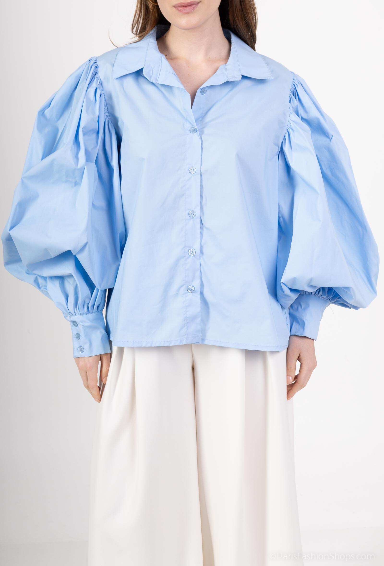 Grossiste For Her Paris - Chemise unie coton manches longues bouffantes plissées