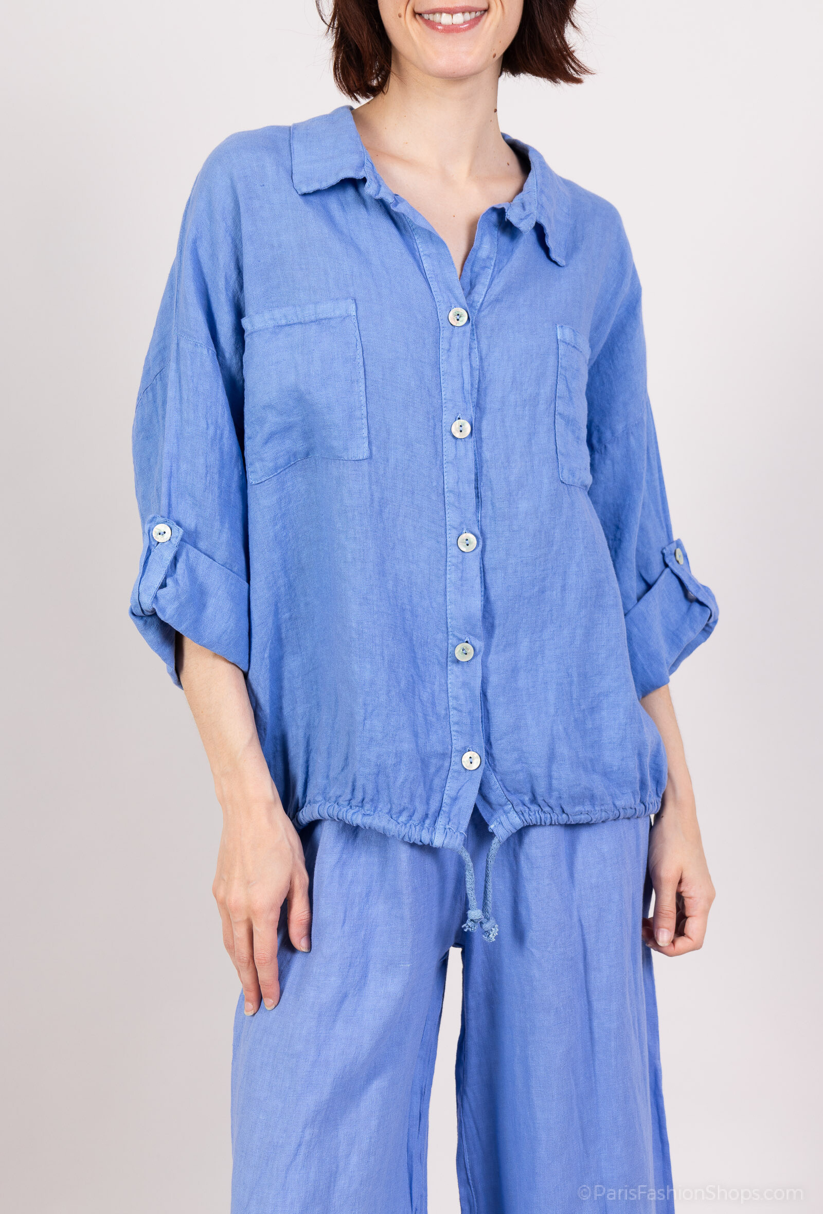 Grossiste For Her Paris - Chemise ample en 100% lin manches 3/4 cordon serrage en bas 2 poches