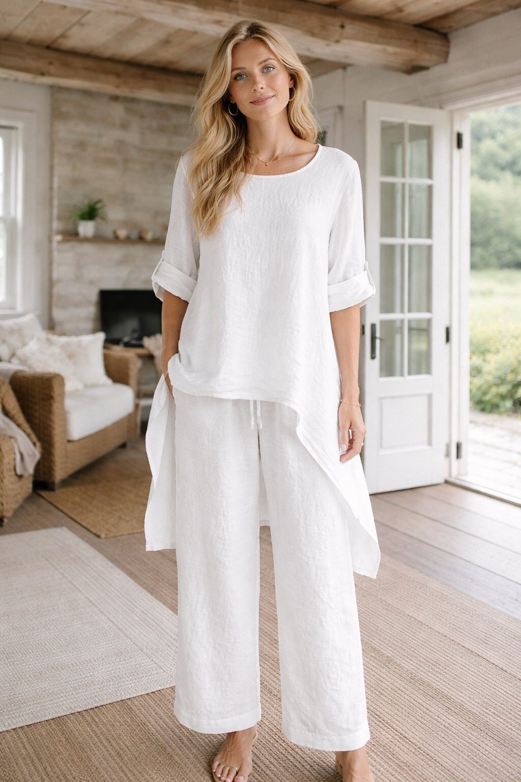 Wholesaler For Her Paris - 2-piece set: dress and pants 100% linen natural elegance