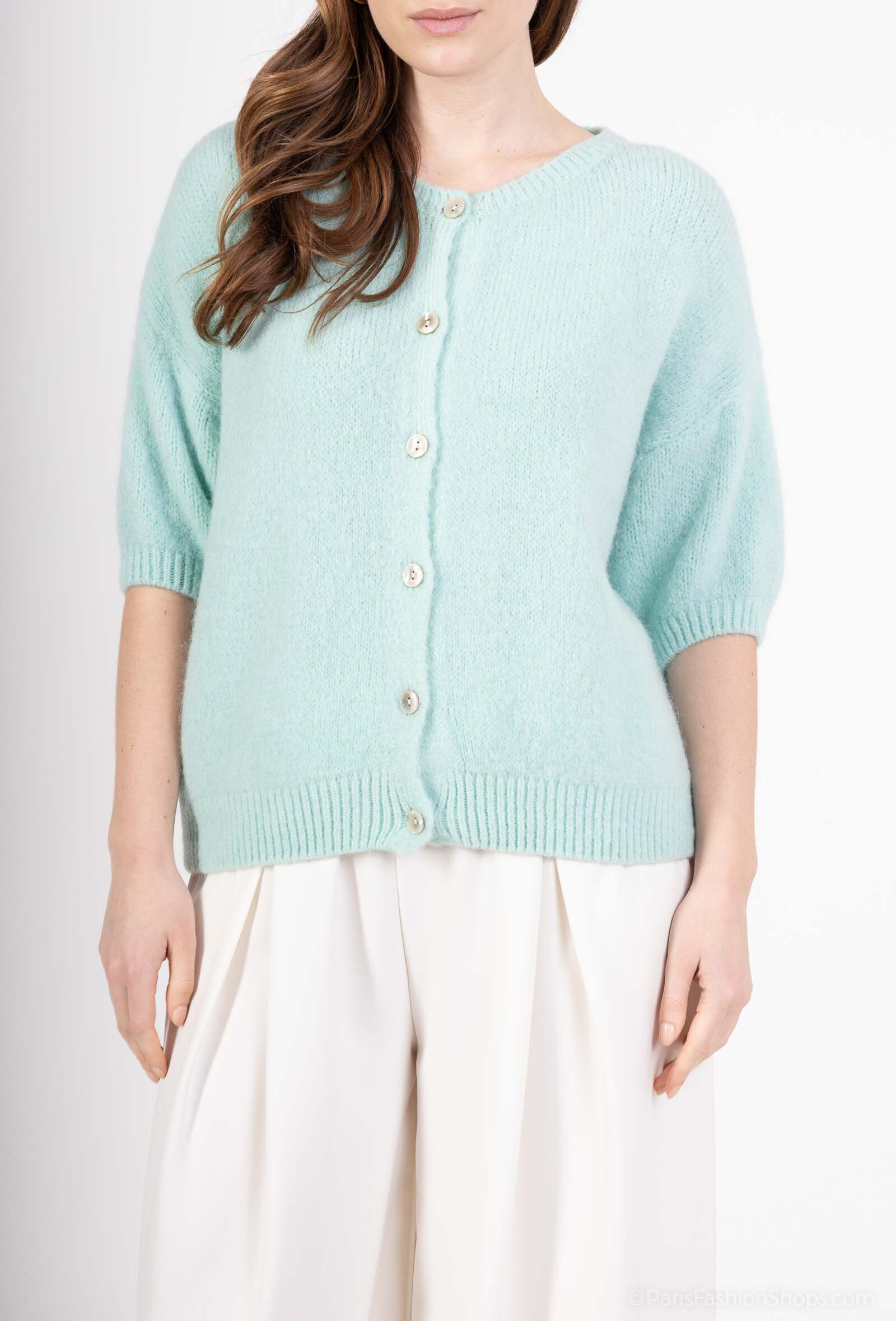 Wholesaler For Her Paris - Plain baby alpaca cardigan, short sleeves, round neck