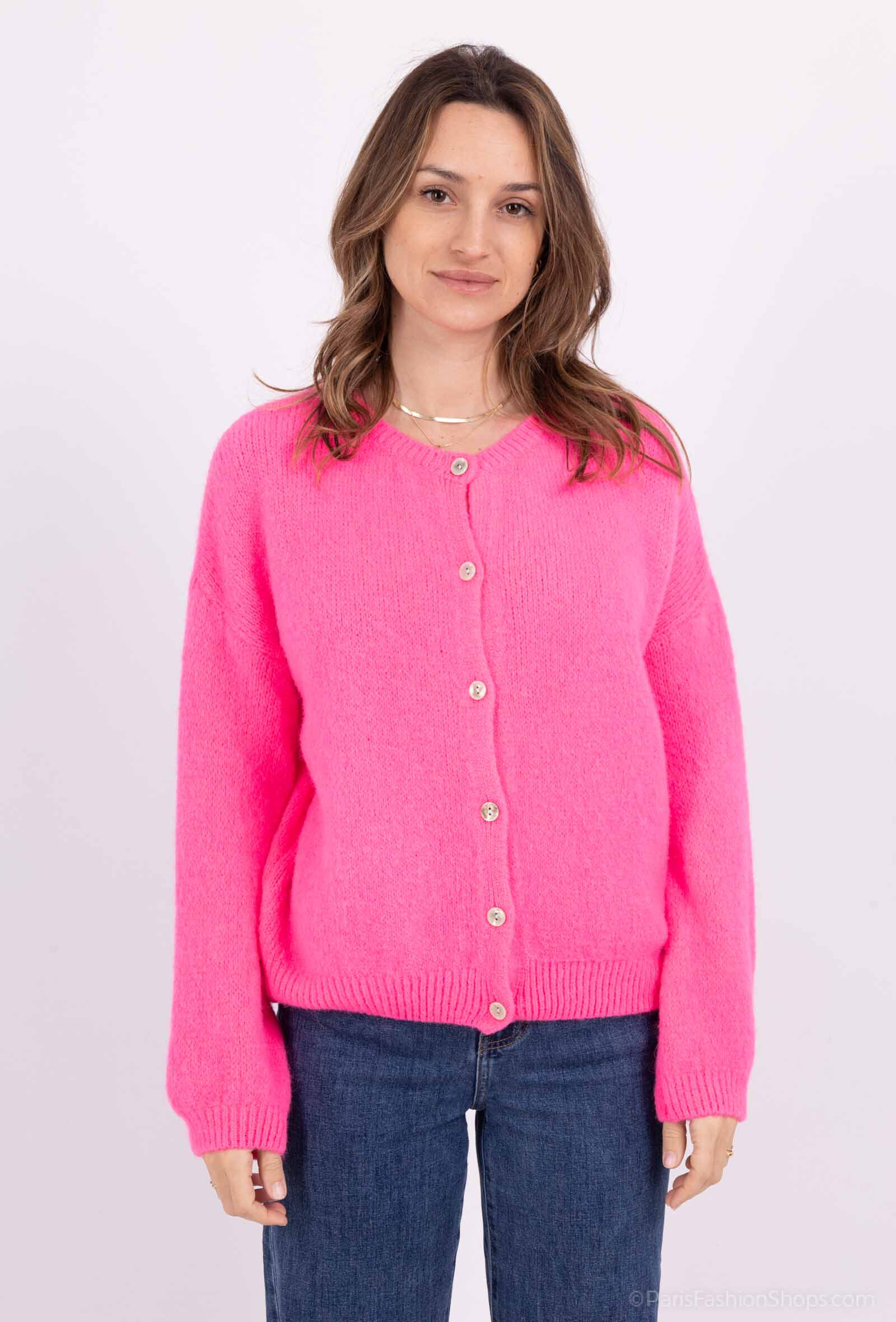 Wholesaler For Her Paris - Oversized plain round neck cardigan in baby alpaca with buttons