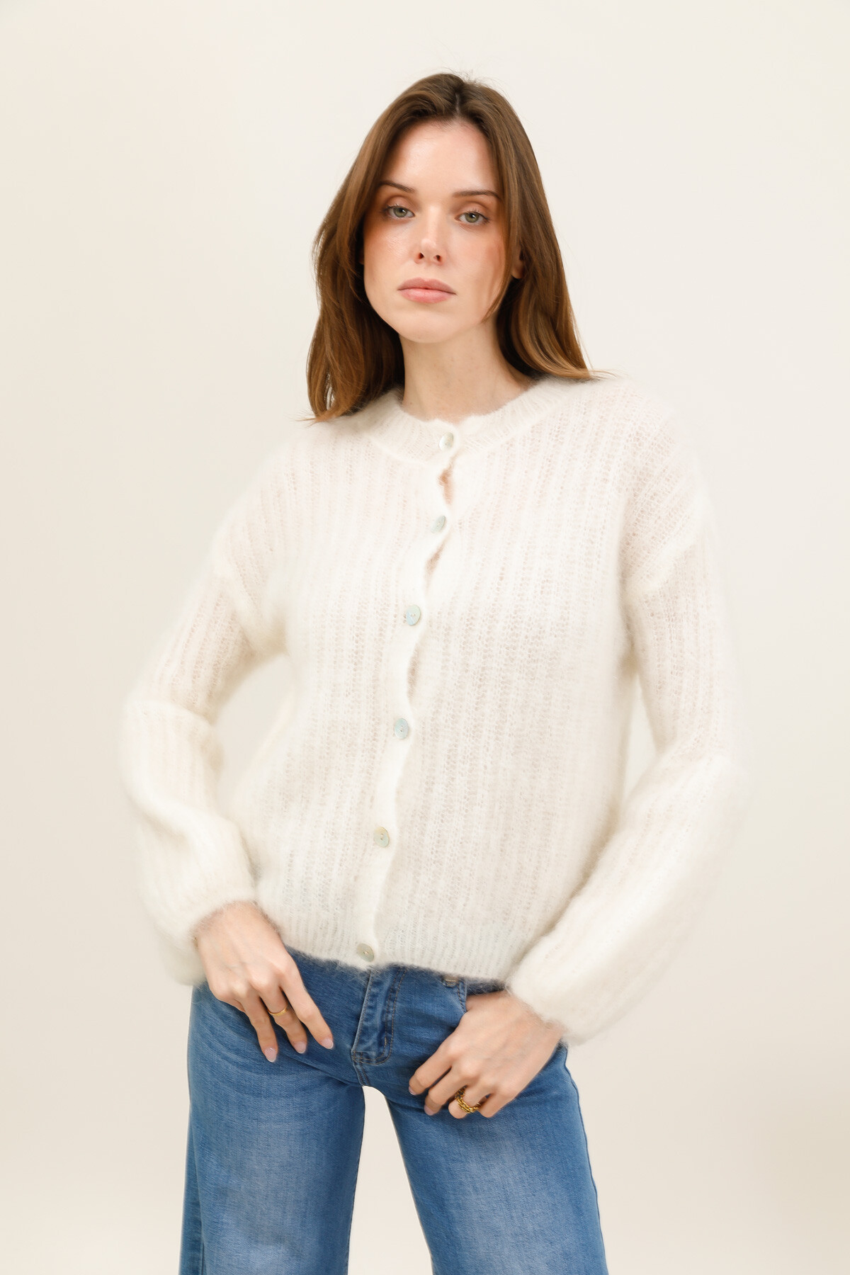 Wholesaler For Her Paris - Round-neck cardigan with buttons and long sleeves, 80% kid mohair, timeless elegance