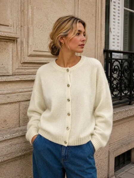Wholesaler For Her Paris - Oversized plain cardigan with buttons, round neck, long sleeves in baby alpaca, non-itchy, absolute comfort