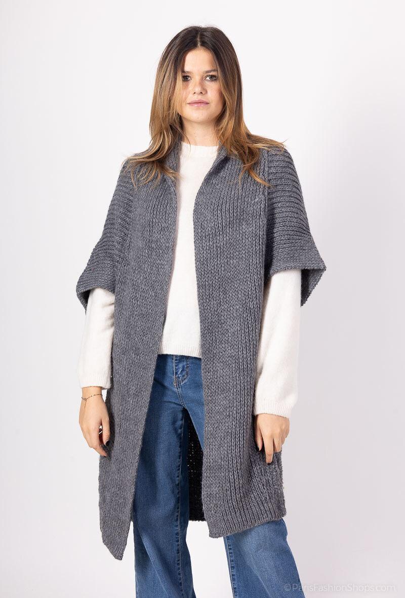 Wholesaler For Her Paris - Long sleeveless alpaca bicolor cardigan in ribbed knit and bouclé