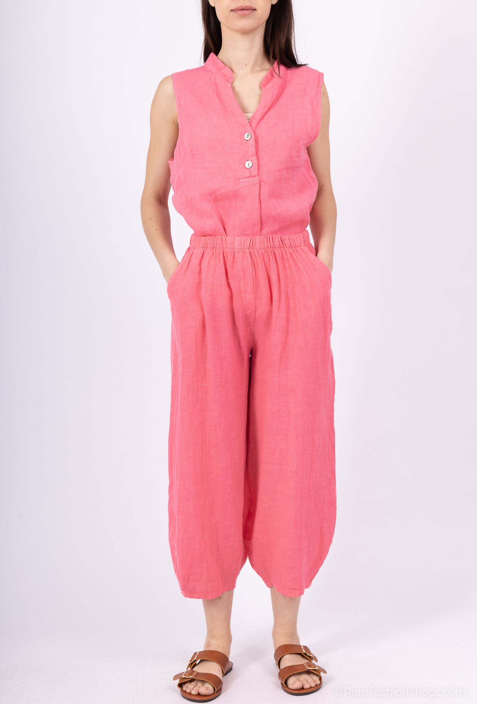 Grossiste For Her Paris - Pantacourt Femme 100% Lin Taille Élastiquée léger effet boule en bas