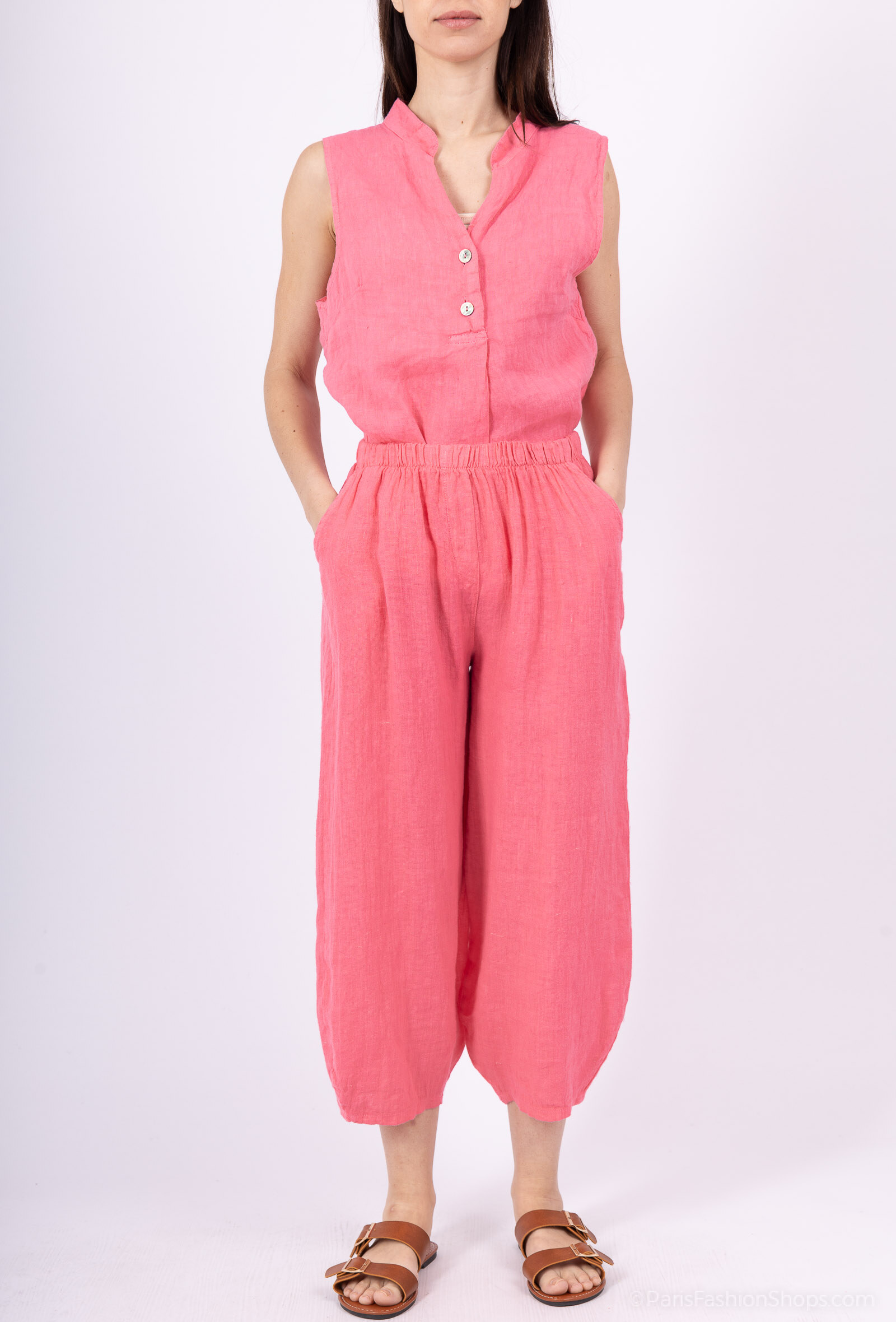 Wholesaler For Her Paris - Women's Capri Pants 100% Linen Elastic Waist Light Balloon Effect at the Bottom