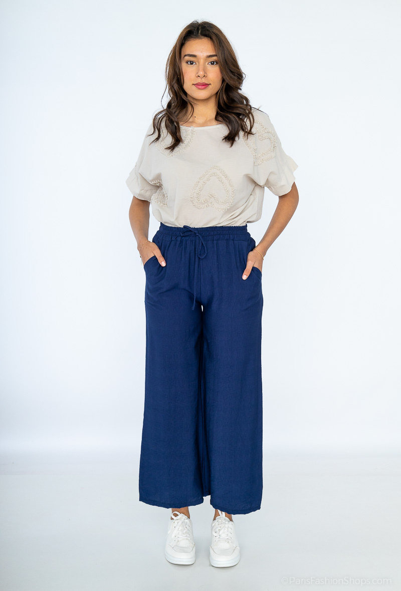 Grossiste For Her Paris - Pantalon large uni aux 2 poches à l'avant taille élastiquée