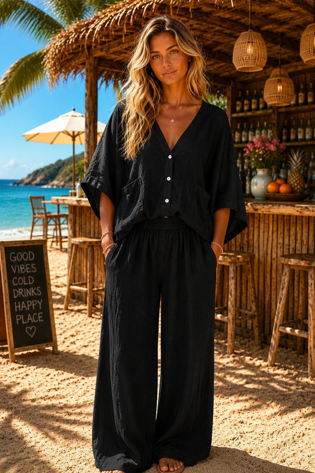 Wholesaler For Her Paris - Wide-leg 100% linen pants with elastic waistband and side pockets Natural elegance