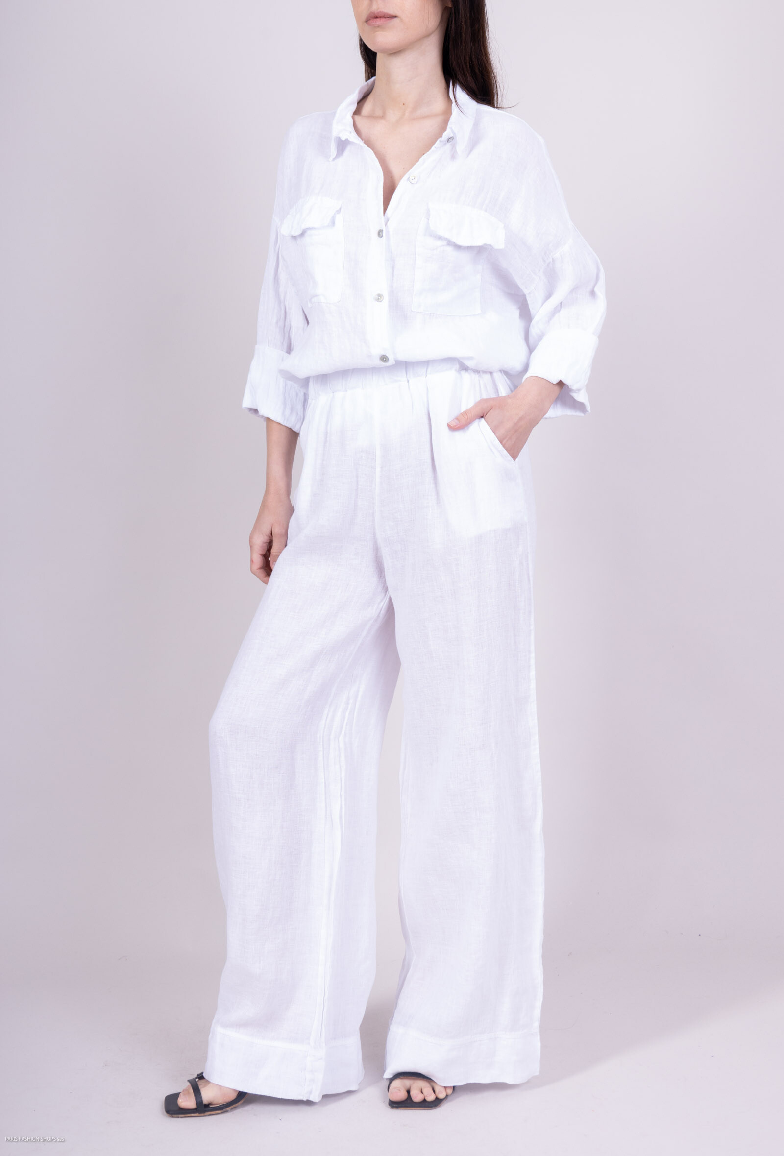 Wholesaler For Her Paris - Wide uni trousers 100% linen elastic waist with ruffled effect 2 front pockets