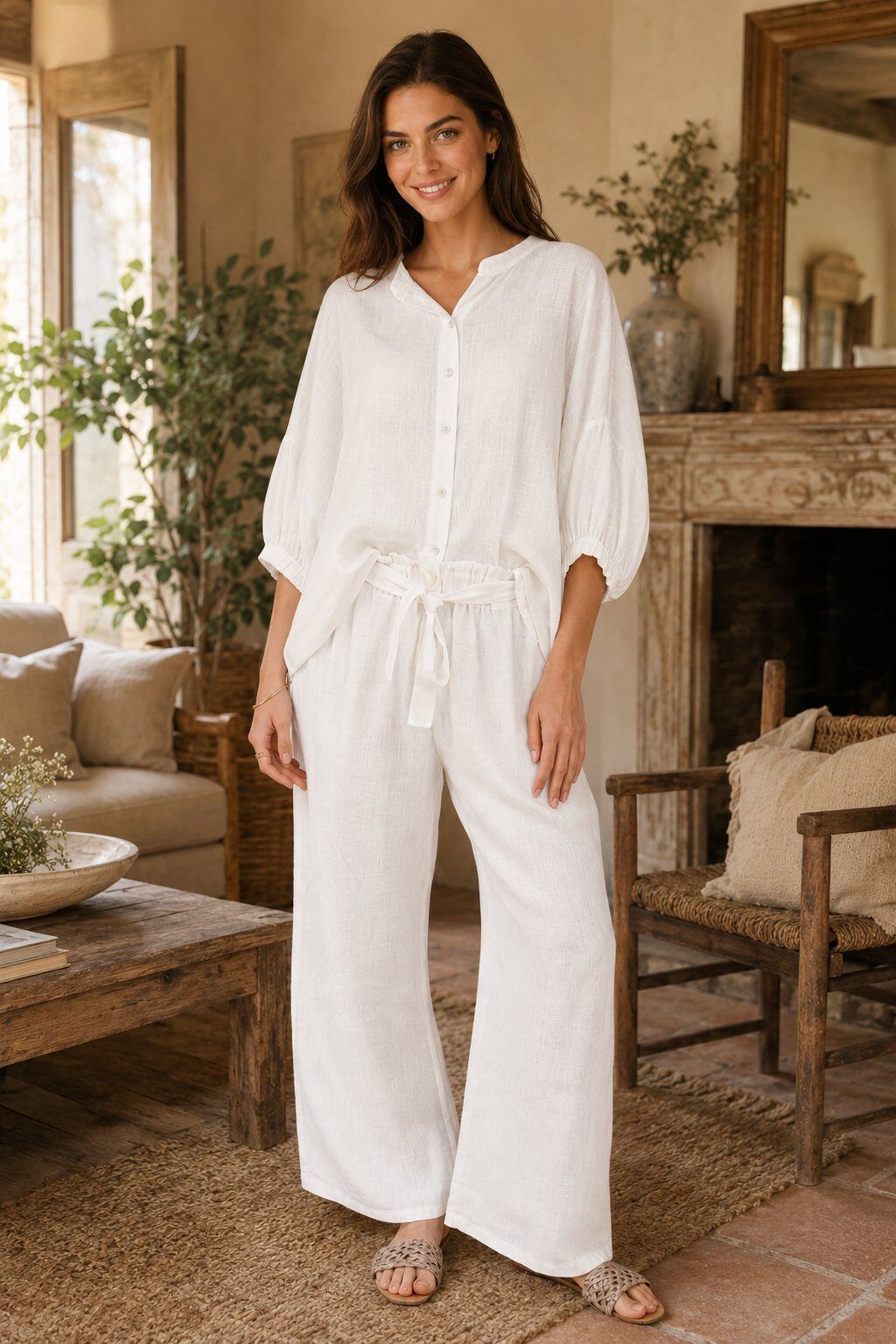 Wholesaler For Her Paris - Solid 100% linen trousers with a tone-on-tone tie belt at the front
Natural elegance