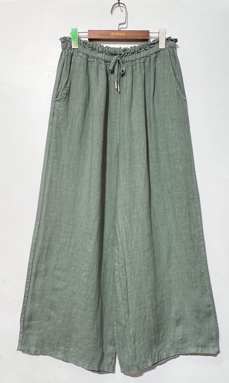 Wholesaler For Her Paris - Wide plain trousers 100% linen with elastic waistband and drawstring tie Natural elegance