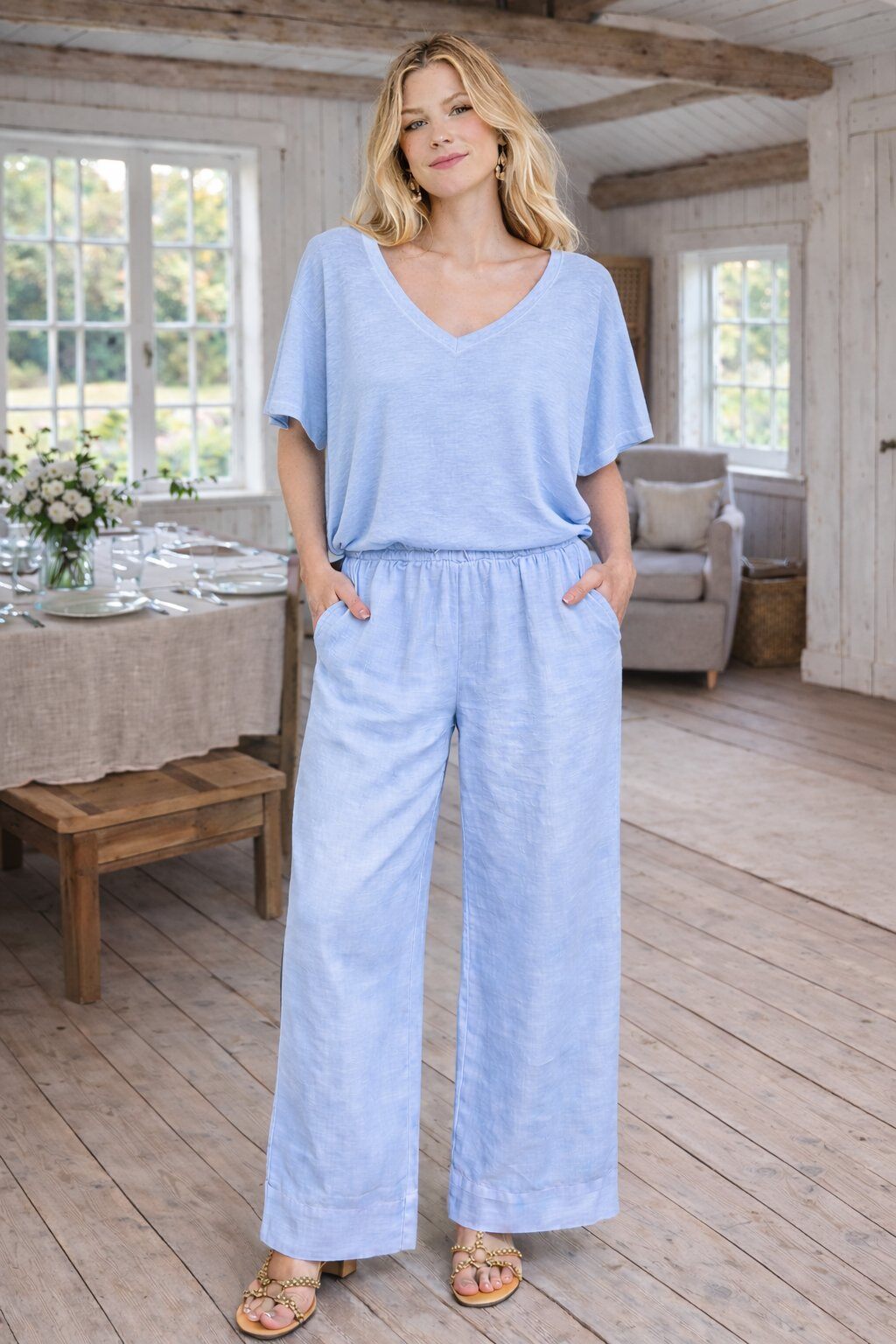 Wholesaler For Her Paris - Wide-leg 100% linen pants with elastic waistband natural elegance