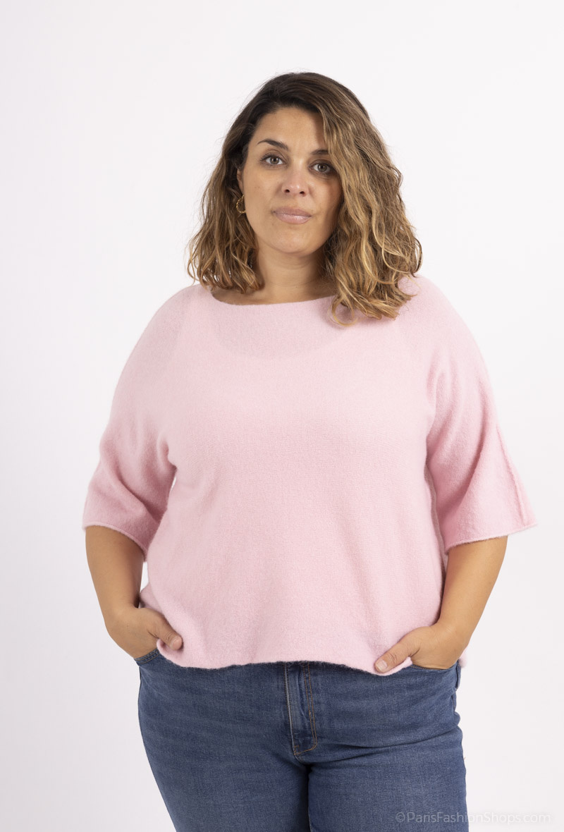 Wholesaler For Her Paris - Oversized plain knit top short sleeves round neck