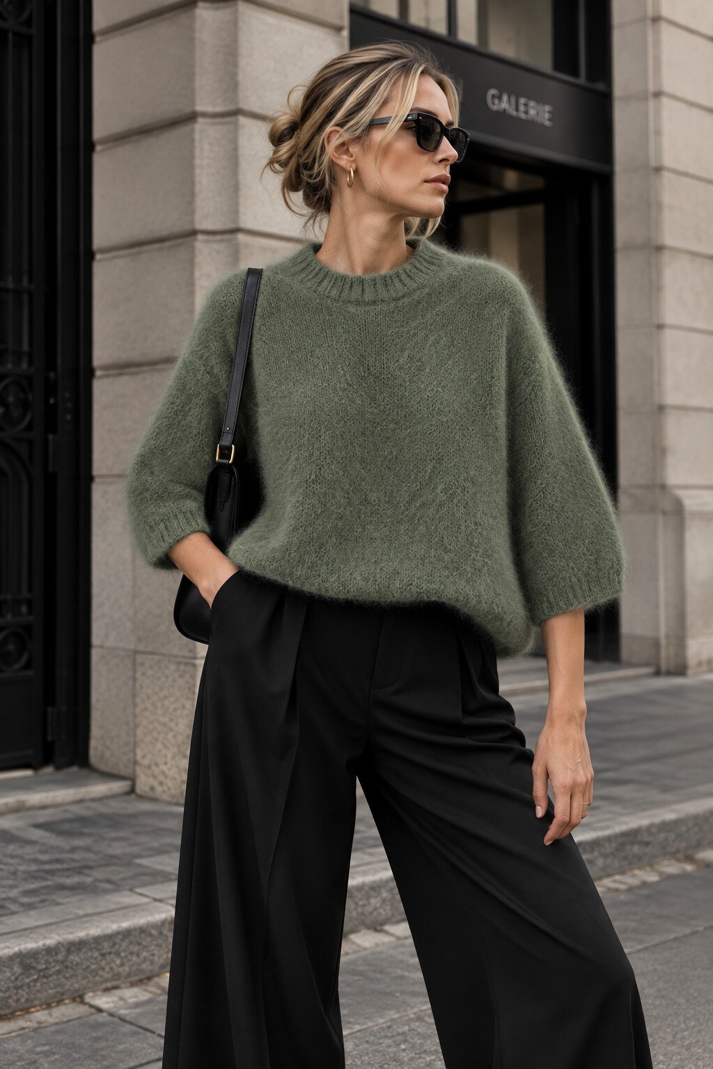 Großhändler For Her Paris - Einfarbiger Kid-Mohair-Pullover mit geripptem Rundhalsausschnitt und halblangen Ärmeln, dezente Eleganz