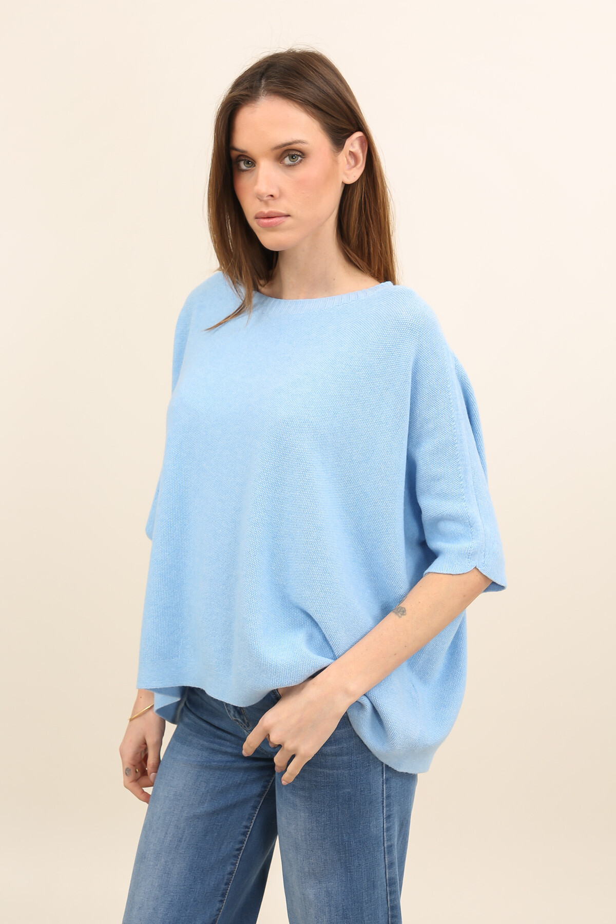 Wholesaler For Her Paris - Solid color round neck short sleeve sweater with a cashmere feel