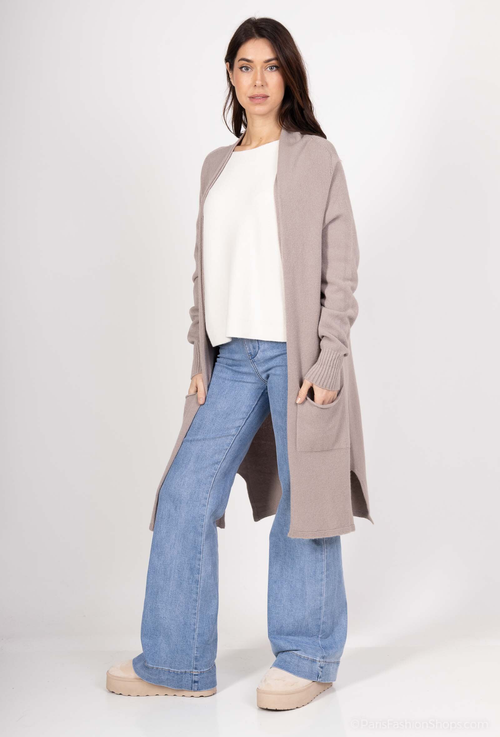Wholesaler For Her Paris - Long plain cardigan with long sleeves, cashmere feel, and 2 pockets