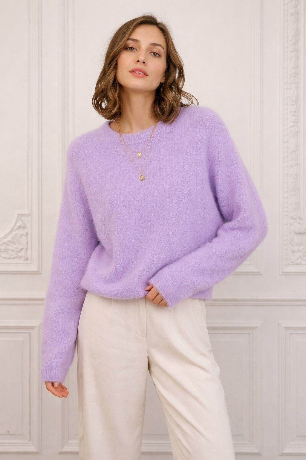 Wholesaler For Her Paris - Solid sweater in kid mohair and merino wool, round neck, long sleeves, understated elegance