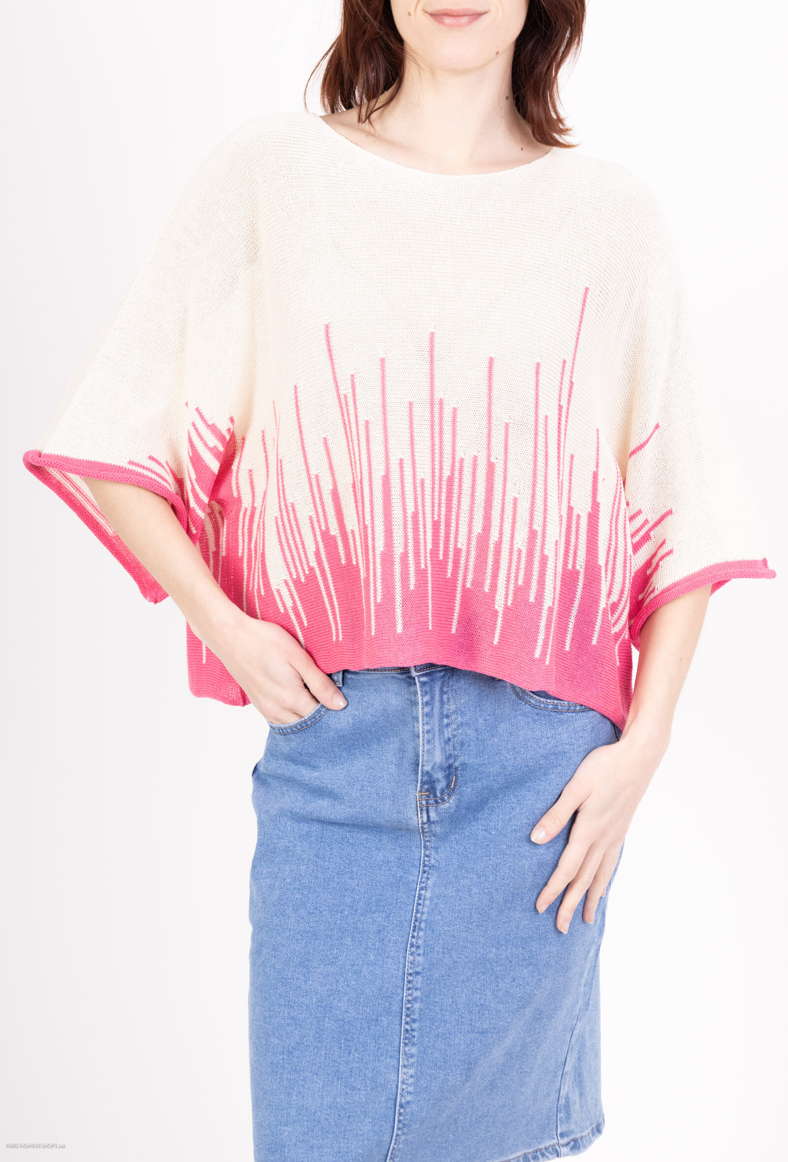 Wholesaler For Her Paris - Cotton sweater in plain mesh with geometric pattern short sleeves