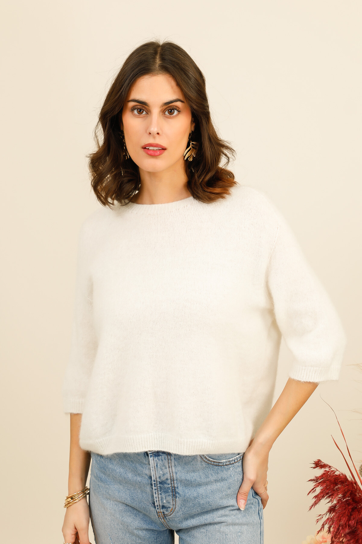 Grossista For Her Paris - Maglione 52% kid mohair lana merino maniche 3/4 Molto chic