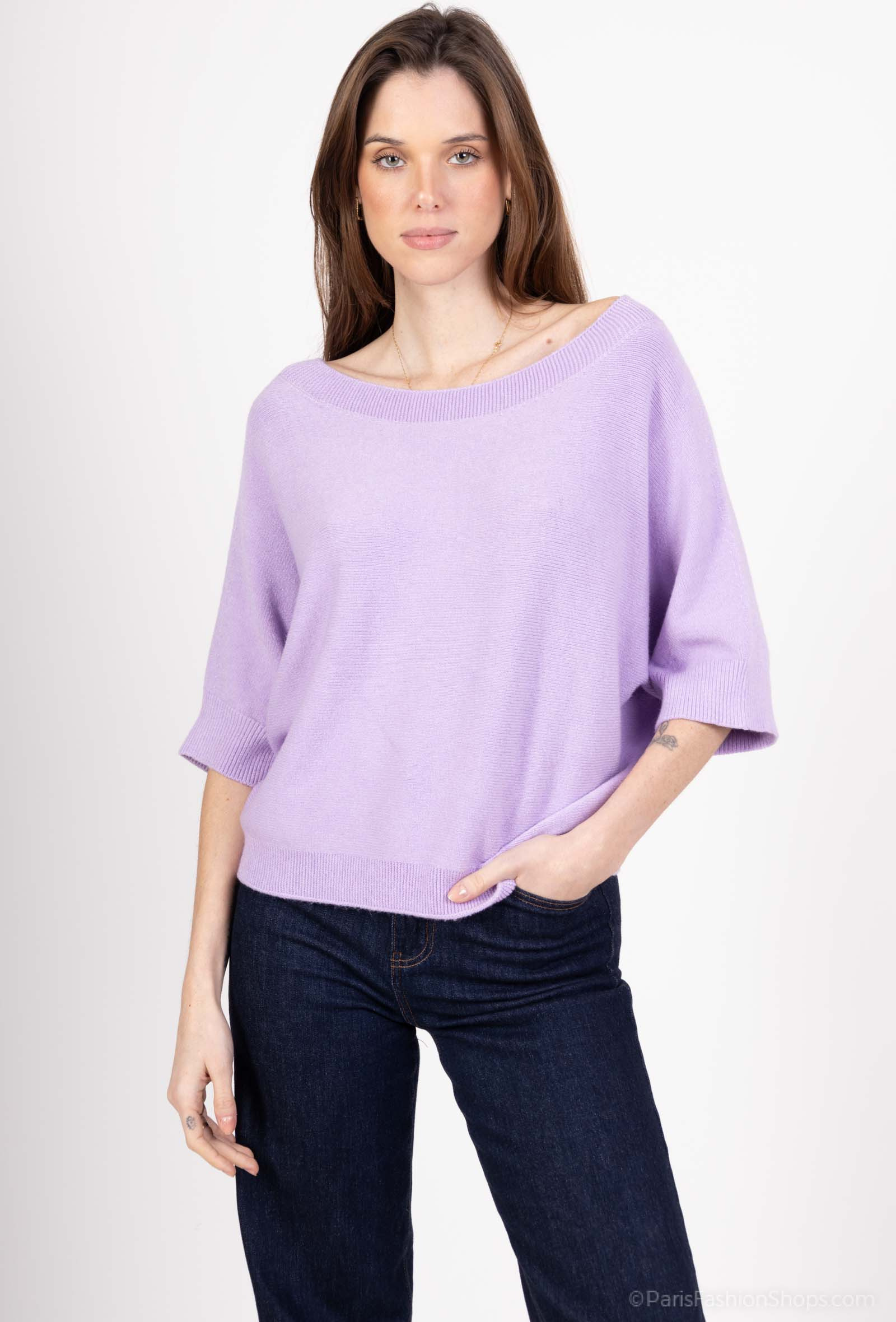 Wholesaler For Her Paris - Seamless solid color cashmere touch boat neck 3/4 sleeve sweater