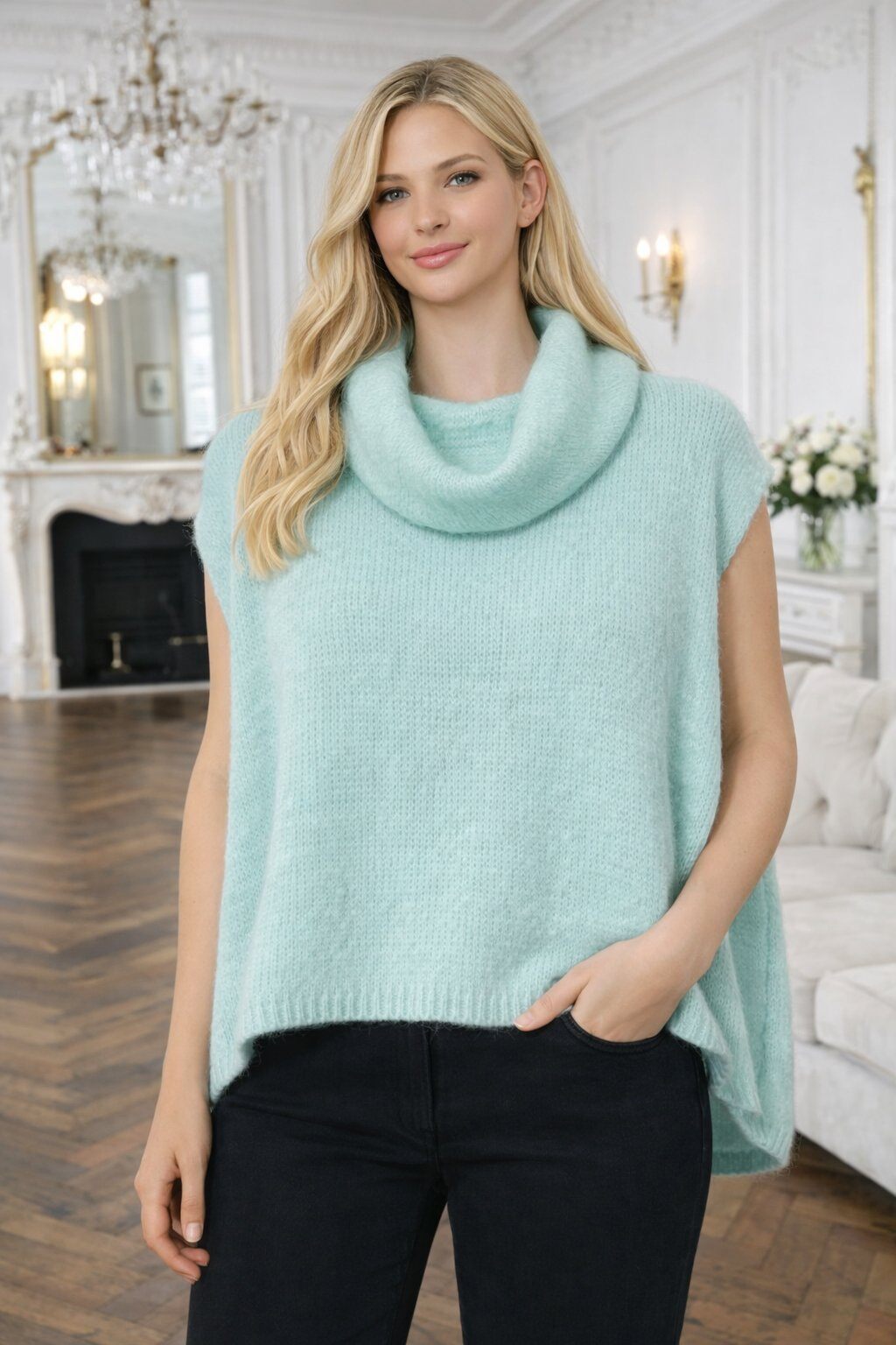 Wholesaler For Her Paris - Solid color sleeveless turtleneck poncho sweater in baby alpaca, non-itchy