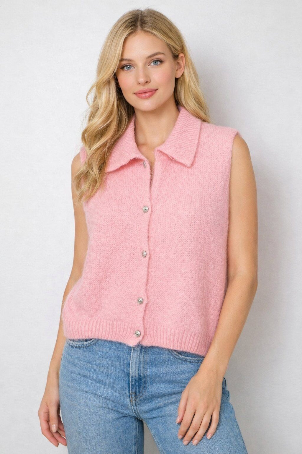 Grossiste For Her Paris - Pull sans manches col polo boutons à l'avant en baby alpaga ne pique pas