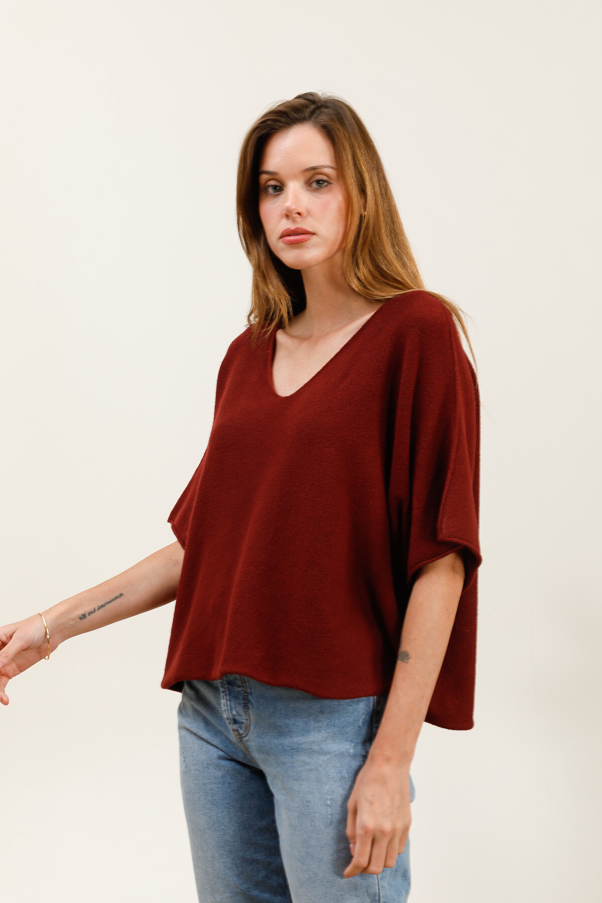 Grossiste For Her Paris - Pull oversize uni sans coutures manches 3/4 col V
