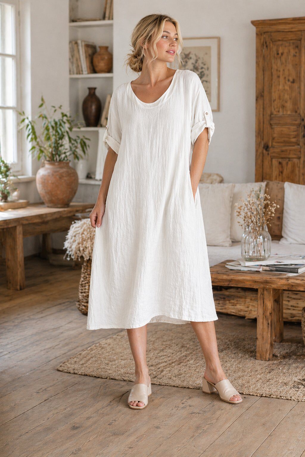 Wholesaler For Her Paris - 100% linen V-neck dress with 3/4 sleeves Natural elegance