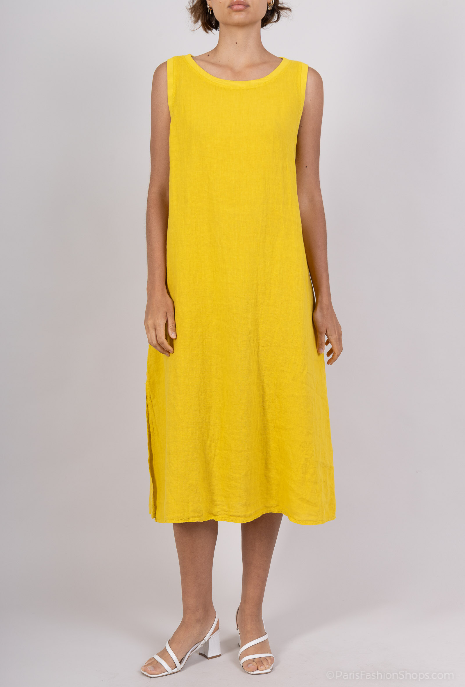 Grossiste For Her Paris - robe longue unie 100% lin sans manches col rond ouverture goutte d'eau au dos